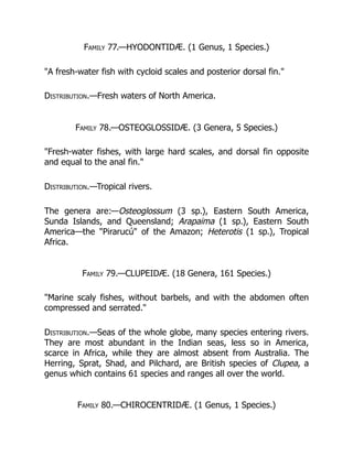 Family 77.—HYODONTIDÆ. (1 Genus, 1 Species.)
"A fresh-water fish with cycloid scales and posterior dorsal fin."
Distribution.—Fresh waters of North America.
Family 78.—OSTEOGLOSSIDÆ. (3 Genera, 5 Species.)
"Fresh-water fishes, with large hard scales, and dorsal fin opposite
and equal to the anal fin."
Distribution.—Tropical rivers.
The genera are:—Osteoglossum (3 sp.), Eastern South America,
Sunda Islands, and Queensland; Arapaima (1 sp.), Eastern South
America—the "Pirarucú" of the Amazon; Heterotis (1 sp.), Tropical
Africa.
Family 79.—CLUPEIDÆ. (18 Genera, 161 Species.)
"Marine scaly fishes, without barbels, and with the abdomen often
compressed and serrated."
Distribution.—Seas of the whole globe, many species entering rivers.
They are most abundant in the Indian seas, less so in America,
scarce in Africa, while they are almost absent from Australia. The
Herring, Sprat, Shad, and Pilchard, are British species of Clupea, a
genus which contains 61 species and ranges all over the world.
Family 80.—CHIROCENTRIDÆ. (1 Genus, 1 Species.)
 