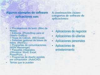 Algunos ejemplos de software
aplicaciones son:

•

•

> Procesadores de texto. (Bloc de
Notas)
> Editores. (PhotoShop para el
Diseño Gráfico)
> Hojas de Cálculo. (MS Excel)
> Sistemas gestores de bases de
datos. (MySQL)
> Programas de comunicaciones.
(MSN Messenger)
> Paquetes integrados.
(Ofimática: Word, Excel,
PowerPoint…)
> Programas de diseño asistido
por computador. (AutoCAD)
Temas que te pueden

A continuación cuatro
categorías de software de
aplicaciones:

•
•
•
•

Aplicaciones de negocios
Aplicaciones de utilerías
Aplicaciones personales
Aplicaciones de
entretenimiento

 