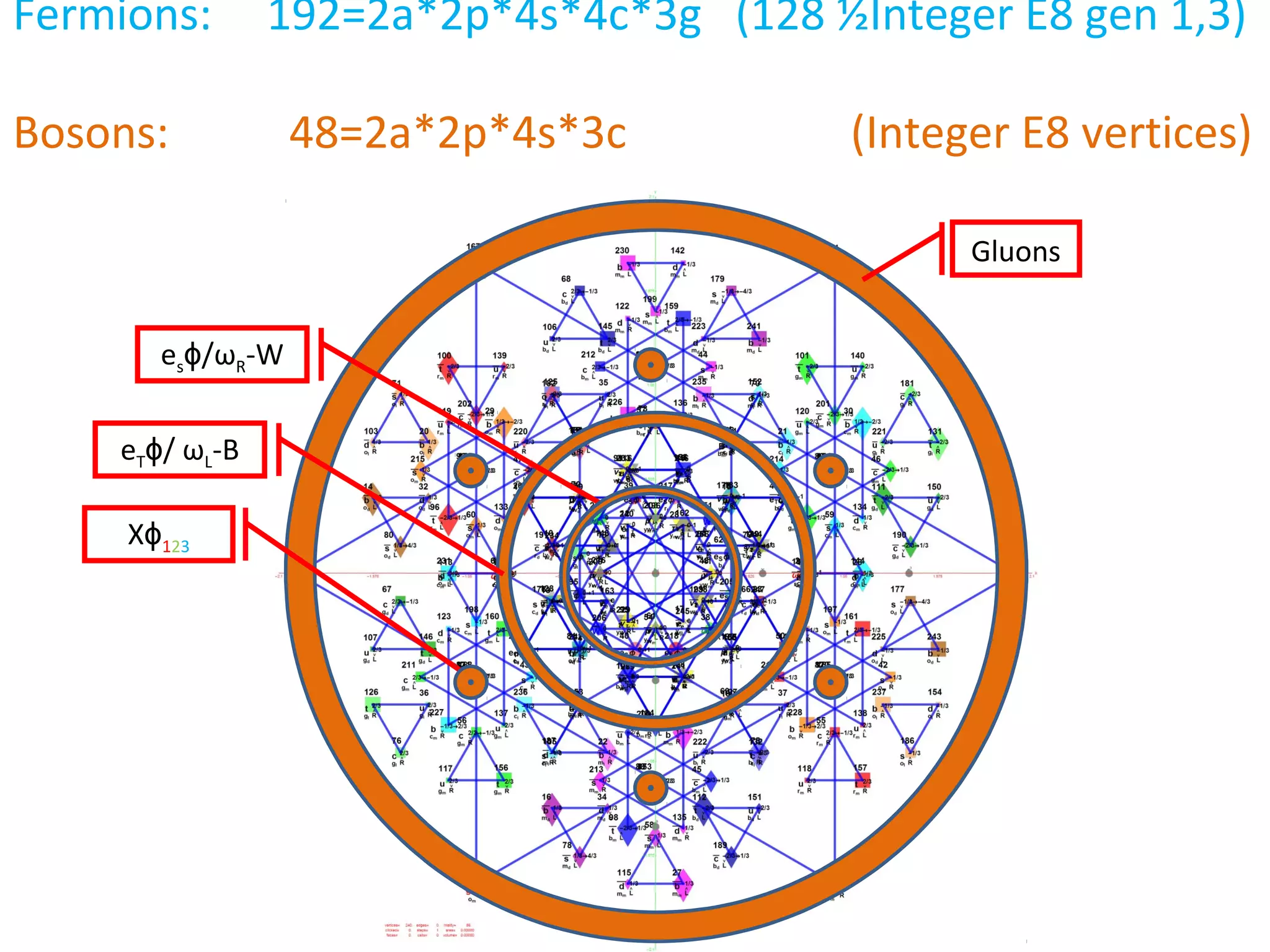 Fermions: 192=2a*2p*4s*4c*3g (128 ½Integer E8 gen 1,3)
Bosons: 48=2a*2p*4s*3c (Integer E8 vertices)
Gluons
es /ɸ ωR-W
eT /ɸ ωL-B
Xɸ123
 