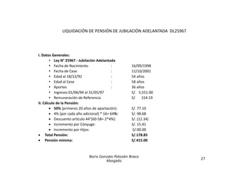 LIQUIDACIÓN DE PENSIÓN DE JUBILACIÓN ADELANTADA  DL25967
                Q




I. Datos Generales:
I Datos Generales:
    ...