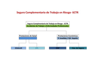 Seguro Complementario de Trabajo en Riesgo ‐SCTR
   g       p                   j         g


             Seguro Complmentario d
                          l       i de Trabajo en Riesgo ‐ SCTR
                                           b j     i
             Accidentes de Trabajo y Enfermedades Profesionales




    Prestaciones de Salud                         Prestaciones Económicas
                                                  P. Invalidez / GG. Sepelio




ESSALUD                EPS                     ONP                  Cías. de Seguro
 