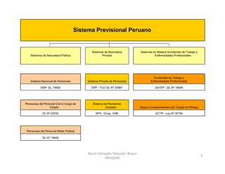 Sistema Previsional Peruano


                                               Sistemas de Naturaleza      Sistemas en Materia Accidentes de Trabajo y
    Sistemas de Naturaleza Pública                    Privada                        Enfermedades Profesionales




                                                                                    Accidentes de Trabajo y
    Sistema Nacional de Pensiones           Sistema Privado de Pensiones          Enfermedades Profesionales

            SNP- DL 19990                     SPP - TUO DL Nº 25987                  SATEP - DL Nº 18846




Pensiones del Personal Civil a Cargo de        Sistema de Pensiones
                  Estado                                Sociales           Seguro Complementario de Trabajo en Riesgo

             DL Nº 20530                         SPS - DLeg. 1086                     SCTR - Ley Nº 26790




 Pensiones del Personal Militar Policial

             DL Nº 19846




                                            Boris Gonzalo Potozén Braco
                                                                                                                         3
                                                     Abogado
 