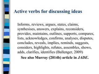 Active verbs for discussing ideas
Informs, reviews, argues, states, claims,
synthesises, answers, explains, reconsiders,
provides, maintains, outlines, supports, compares,
lists, acknowledges, confirms, analyses, disputes,
concludes, reveals, implies, reminds, suggests,
considers, highlights, refutes, assembles, shows,
adds, clarifies, identifies (Ballenger, 2009)
See also Murray (2014b) article in JADE.
 