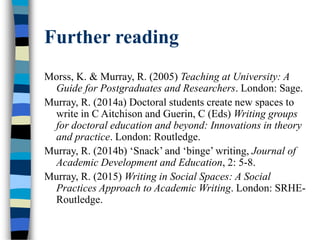 Further reading
Morss, K. & Murray, R. (2005) Teaching at University: A
Guide for Postgraduates and Researchers. London: Sage.
Murray, R. (2014a) Doctoral students create new spaces to
write in C Aitchison and Guerin, C (Eds) Writing groups
for doctoral education and beyond: Innovations in theory
and practice. London: Routledge.
Murray, R. (2014b) ‘Snack’ and ‘binge’ writing, Journal of
Academic Development and Education, 2: 5-8.
Murray, R. (2015) Writing in Social Spaces: A Social
Practices Approach to Academic Writing. London: SRHE-
Routledge.
 