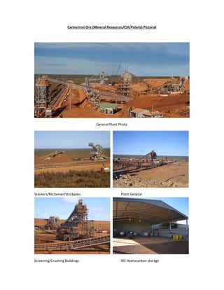 Carina Iron Ore (Mineral Resources/CSI/Polaris) Pictorial
General Plant Photo
Stackers/Reclaimer/Stockpiles Plant General
Screening/Crushing Buildings BIS Hydrocarbon storage
 