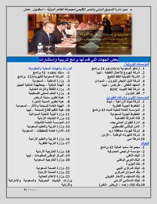 4 | P a g e
‫لمجموعة‬ ‫اإلقليمي‬ ‫والمدير‬ ‫الدولي‬ ‫التسويق‬ ‫دائرة‬ ‫مدير‬‫الدولية‬ ‫الطاهر‬–‫اسطنبول‬–‫عمان‬
‫وإستشارات‬ ‫تدريبية‬ ‫برامج‬ ‫لها‬ ‫قدم‬ ‫التي‬ ‫الجهات‬ ‫بعض‬
‫البترولية‬ ‫المؤسسات‬:
8.‫أرامكو‬‫السعودية‬ARAMCO24‫برنامج‬
2.‫النفطية‬ ‫لألعمال‬ ‫الهروج‬ ‫شركة‬–‫ليبيا‬
1.‫الخليج‬ ‫لنفط‬ ‫الكويتية‬ ‫الشركة‬
4.‫للبترول‬ ‫االبيض‬ ‫النيل‬ ‫شركة‬–‫السودان‬
5.‫النفطي‬ ‫المعهد‬–‫طرابلس‬–‫ليبيا‬
1.‫الكويت‬ ‫نفط‬ ‫شركة‬KOC
7.‫للبترول‬ ‫قطر‬
:‫الطيران‬ ‫وشركات‬ ‫الكبرى‬ ‫المؤسسات‬
8.‫الزراعية‬ ‫تبوك‬ ‫شركة‬–‫تبوك‬
2.‫القطرية‬ ‫الجوية‬ ‫الخطوط‬
1.‫المياه‬ ‫لتحلية‬ ‫العامة‬ ‫المؤسسة‬41‫برنامج‬
4.‫السعودية‬ ‫الجوية‬ ‫الخطوط‬
5.‫الفضائية‬ ‫الشارقة‬ ‫قناة‬
1.‫المدني‬ ‫الطيران‬ ‫ادارة‬-‫جده‬
7.‫الوقائي‬ ‫االمن‬‫الفلسطيني‬
1.‫اربد‬ ‫محافظة‬ ‫كهرباء‬ ‫شركة‬
6.‫الوطنية‬ ‫الكهرباء‬ ‫شركة‬–‫األردن‬
81.‫دبي‬ ‫شرطة‬
:‫البنوك‬
8-‫المالية‬ ‫سامبا‬ ‫مجموعة‬42‫برنامج‬
2-‫م‬‫المصرفية‬ ‫الراجحي‬ ‫ؤسسة‬
1-‫األهلي‬ ‫البنك‬
4-‫الوطني‬ ‫العربي‬ ‫البنك‬
5-‫الجزيرة‬ ‫بنك‬
1-‫الليبي‬ ‫المركزي‬ ‫البنك‬
7-‫المركزي‬ ‫السودان‬ ‫بنك‬
1-‫الكويتي‬ ‫واالدخار‬ ‫التسليف‬ ‫بنك‬
6-‫األردني‬ ‫اإلسالمي‬ ‫البنك‬
81-‫البالد‬ ‫بنك‬(‫جده‬–‫الرياض‬–‫الخبر‬)
‫المحلية‬ ‫والهيئات‬ ‫الوزرات‬:‫والحكومية‬
8-‫سابك‬SABIC58‫برنامج‬
2-‫للكهرباء‬ ‫السعودية‬ ‫الشركة‬821‫برنامج‬
1-‫الداخلية‬ ‫وزارة‬–‫السعودية‬
4-‫الملكية‬ ‫الهيئة‬–‫ينبع‬‫الجبيل‬ ‫الملكية‬ ‫الهيئة‬
5-‫ُمانية‬‫ع‬‫ال‬ ‫والتراث‬ ‫الثقافة‬ ‫وزارة‬
1-‫الفسطينية‬ ‫المحلي‬ ‫الحكم‬ ‫وزارة‬
7-‫الرياض‬ ‫مدينة‬ ‫تطوير‬ ‫هيئة‬
1-‫المنورة‬ ‫المدينة‬ ‫تطوير‬ ‫هيئة‬
6-‫واآلثار‬ ‫للسياحة‬ ‫العامة‬ ‫الهيئة‬–‫السعودية‬
81-‫السياحة‬ ‫قطاع‬ ‫تنظيم‬ ‫هيئة‬–‫ليبيا‬
88-‫السودانية‬ ‫التحتية‬ ‫البنية‬ ‫وزارة‬
82-‫االردنية‬ ‫البلديات‬ ‫وزراة‬
81-‫للتأمينات‬ ‫العامة‬ ‫المؤسسة‬
84-‫السعودية‬ ‫والتعليم‬ ‫التربية‬ ‫وزارة‬
85-‫لل‬ ‫العامة‬ ‫االدارة‬‫تحقيقات‬–‫السعودية‬
81-‫األردنية‬ ‫والتعليم‬ ‫التربية‬ ‫وزارة‬
87-‫القطرية‬ ‫التربية‬ ‫وزارة‬
81-‫األردنية‬ ‫الخارجية‬ ‫وزارة‬
86-‫للمعلومات‬ ‫الوطني‬ ‫المركز‬–‫ليبيا‬
21-‫السعودية‬ ‫الخارجية‬ ‫وزارة‬
28-‫السعودية‬ ‫الصحة‬ ‫وزارة‬
22-‫األردنية‬ ‫الصحة‬ ‫وزارة‬
21-‫العمانية‬ ‫اإلعالم‬ ‫وزارة‬
‫وزار‬‫والسعودية‬ ‫البحرينية‬ ‫البلديات‬ ‫ات‬‫واإلماراتية‬
‫واألردنية‬
 