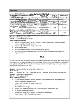 PROJECT UNDERTAKEN /EXPERIENCE
VISA DYNAMIC ROUTING
LBG (Lloyds BankingGroup) isengagedinaprogram to improve the resilience of theirITsystem.This
projectisspeciallyinitiatedtoaddressthe needof greaterresilience of VISA issuer(POSand
International ATM) service whenone HPTandemPlatformisnotavailable due toanyincident.To
achieve it,newadditional VISA issuer,AUTH,FalconandCBS (Delta) processesrequiretobe
configuredinBase24XPNET.Apart fromXPNET,major impactedmodulesare HCF,ICF,SNF,LCONF,
TACL routines,OISS&NNM.
Duration : May 2014 to Oct 2014 (6 Month)
Team Size : 3
Skill : BASE24 Classic,Tandem,VISA/Level4ATM Simulators,TACL,FUP,
COBOL/SCREEN COBOL,Pathway,SCUP,NNM,OISS Inspect,Enscribe,Relate&Tedit.
Domain : Bankingand Financial
Client : LloydsBankingGroup (LBG)
Rolesand Responsibilities:
 Analyze the requirements,performfeasibilitystudyforthe providedrequirementsand
prepare impactanalysisdocuments.
 Prepare highandlowlevel designdocuments.
 Write unittestcases.
 Unit testthe code changesand performregressiontesting.
 To prepare implementationplanandinvolvedintakingrelevantapprovals/signoff for
implementation.
I V R
In thisProjectwe were gettingrequestfrommiddlewarethroughsubroutine call.Andonthe basisof
that requestwe are supposedtogenerate some outputwhichwe need tosendbackto middleware
and update ourlog file.Andif we getsome wrongrequestorincompleterequestwe generatean
error reportand update ourlog file.
Duration : October2014 to November2014 (2 Months)
Team Size : 2
Skill : Tandem,TACL,FUP, COBOL/SCREEN COBOL,Pathway,SCUP,Inspect, Enform& Tedit
Domain : ManufacturingandDesign
Client : PitneyBowes (PB)
Rolesand Responsibilities:
 Analyze the requirements,performfeasibilitystudyforthe providedrequirementsand
prepare impactanalysisdocuments.
 Prepare high andlowlevel designdocuments.
 Write newcode.
 Unit testthe code changes.
 Interactwithmiddlewareteamusingsubroutine callstocompletethe task.
 To prepare weeklystatusreport.
 Raise Change Request(CR) tomove the programsinproduction.
 Use to analyse andfix the productionissues.
STANDARD/
DEGREE
UNIVERSITY/BOARD NAME OF THE
INSTITUTE
YEAR OF
PASSING
AGGREGATE
B.E (EEE)
Visvesvaraya Technological
University(VTU)
RNS Institute of
Technology,
Bangalore
2013 78.05%
PUC
Karnataka secondary
educationexaminationboard
Shaheen
Independent PU
College, Bidar
2009 72.67%
10th
Board
Central board of secondary
education(CBSE)
Guru Nanak Public
School, Bidar 2007 64.60%
HOBBIES
 Writing/ Reading
 Listeningtomusic
 SolvingSUDOKU
 WatchingMovies
 Playinghighdefinitiongames
 Eventorganizingandparticipating.
 