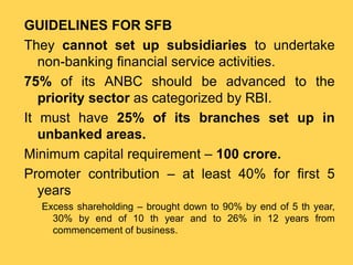 GUIDELINES FOR SFB
They cannot set up subsidiaries to undertake
non-banking financial service activities.
75% of its ANBC should be advanced to the
priority sector as categorized by RBI.
It must have 25% of its branches set up in
unbanked areas.
Minimum capital requirement – 100 crore.
Promoter contribution – at least 40% for first 5
years
Excess shareholding – brought down to 90% by end of 5 th year,
30% by end of 10 th year and to 26% in 12 years from
commencement of business.
 