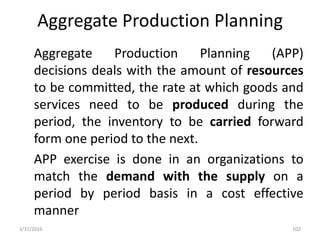 Aggregate Production Planning
Aggregate Production Planning (APP)
decisions deals with the amount of resources
to be committed, the rate at which goods and
services need to be produced during the
period, the inventory to be carried forward
form one period to the next.
APP exercise is done in an organizations to
match the demand with the supply on a
period by period basis in a cost effective
manner
3/31/2016 102
 