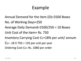 Example
Annual Demand for the item (D)=2500 Boxes
No. of Working Days=250
Average Daily Demand=2500/250 = 10 Boxes
Unit Cost of the item= Rs. 750
Inventory Carrying Cost Cc=18% per unit/ annum
Cc= .18 X 750 = 135 per unit per year
Ordering Cost Co= Rs. 1080 per order
3/31/2016 138
 