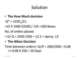 Solution
• The How Much decision
Q* = √2DCo/Cc
=√2 X 1080 X2500 / 135 =200 Boxes
No. of orders placed
= D/ Q = 2500 /200 = 12.5 = Aprox. 13
• The When Decision
Time between orders= Q/D = 200/2500 = 0.08
=> 0.08 X 250 = 20 Days
3/31/2016 139
 