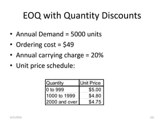 EOQ with Quantity Discounts
• Annual Demand = 5000 units
• Ordering cost = $49
• Annual carrying charge = 20%
• Unit price schedule:
3/31/2016 141
Quantity Unit Price
0 to 999 $5.00
1000 to 1999 $4.80
2000 and over $4.75
 