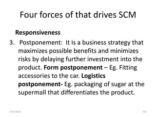 Four forces of that drives SCM
Responsiveness
3. Postponement: It is a business strategy that
maximizes possible benefits and minimizes
risks by delaying further investment into the
product. Form postponement – Eg. Fitting
accessories to the car. Logistics
postponement- Eg. packaging of sugar at the
supermall that differentiates the product.
3/31/2016 161
 