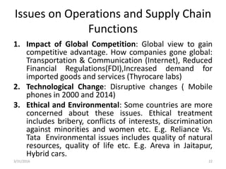 Issues on Operations and Supply Chain
Functions
1. Impact of Global Competition: Global view to gain
competitive advantage. How companies gone global:
Transportation & Communication (Internet), Reduced
Financial Regulations(FDI),Increased demand for
imported goods and services (Thyrocare labs)
2. Technological Change: Disruptive changes ( Mobile
phones in 2000 and 2014)
3. Ethical and Environmental: Some countries are more
concerned about these issues. Ethical treatment
includes bribery, conflicts of interests, discrimination
against minorities and women etc. E.g. Reliance Vs.
Tata Environmental issues includes quality of natural
resources, quality of life etc. E.g. Areva in Jaitapur,
Hybrid cars.
3/31/2016 22
 