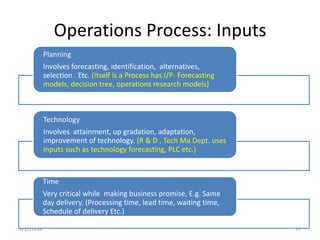 Operations Process: Inputs
3/31/2016 37
Planning
Involves forecasting, identification, alternatives,
selection . Etc. (Itself is a Process has I/P- Forecasting
models, decision tree, operations research models)
Technology
Involves attainment, up gradation, adaptation,
improvement of technology. (R & D , Tech Ma Dept. uses
inputs such as technology forecasting, PLC etc.)
Time
Very critical while making business promise, E.g. Same
day delivery. (Processing time, lead time, waiting time,
Schedule of delivery Etc.)
 