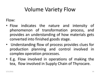 Volume Variety Flow
Flow:
• Flow indicates the nature and intensity of
phenomenon of transformation process, and
provides an understanding of how materials gets
converted into finished goods stage.
• Understanding flow of process provides clues for
production planning and control involved in
complex operation processes.
• E.g. Flow involved in operations of making the
tea, flow involved in Supply Chain of Thyrocare.
3/31/2016 44
 