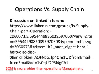 Operations Vs. Supply Chain
Discussion on LinkedIn forum:
https://www.linkedin.com/groups/Is-Supply-
Chain-part-Operations-
2060573.S.5954449886039597060?view=&ite
m=5954449886039597060&type=member&gi
d=2060573&trk=eml-b2_anet_digest-hero-1-
hero-disc-disc-
0&midToken=AQFNcGJJp4Qm1w&fromEmail=
fromEmail&ut=1v0qUDP5l4gCA1
SCM is more wider than operations Management3/31/2016 48
 