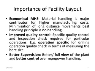 Importance of Facility Layout
• Economical MHS: Material handling is major
contributor for higher manufacturing costs.
Minimization of long distance movements best
handling principle is no handling.
• Improved quality control: Specific quality control
and inspection check required for particular
operations. E.g. operation specific for drilling
operation quality check in terms of measuring the
bore size.
• Better Supervision: Better/ full view of the plant
and better control over manpower handling.
3/31/2016 52
 