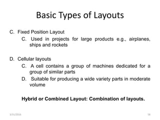 Basic Types of Layouts
C. Fixed Position Layout
C. Used in projects for large products e.g., airplanes,
ships and rockets
D. Cellular layouts
C. A cell contains a group of machines dedicated for a
group of similar parts
D. Suitable for producing a wide variety parts in moderate
volume
Hybrid or Combined Layout: Combination of layouts.
3/31/2016 58
 
