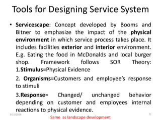 Tools for Designing Service System
• Servicescape: Concept developed by Booms and
Bitner to emphasize the impact of the physical
environment in which service process takes place. It
includes facilities exterior and interior environment.
E.g. Eating the food in McDonalds and local burger
shop. Framework follows SOR Theory:
1.Stimulus=Physical Evidence
2. Organisms=Customers and employee’s response
to stimuli
3.Response= Changed/ unchanged behavior
depending on customer and employees internal
reactions to physical evidence.
Same as landscape development
3/31/2016 77
 