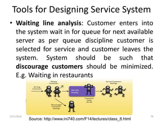 Tools for Designing Service System
• Waiting line analysis: Customer enters into
the system wait in for queue for next available
server as per queue discipline customer is
selected for service and customer leaves the
system. System should be such that
discourage customers should be minimized.
E.g. Waiting in restaurants
3/31/2016 78
Source: http://www.ini740.com/F14/lectures/class_8.html
 