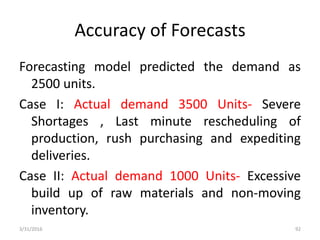 Accuracy of Forecasts
Forecasting model predicted the demand as
2500 units.
Case I: Actual demand 3500 Units- Severe
Shortages , Last minute rescheduling of
production, rush purchasing and expediting
deliveries.
Case II: Actual demand 1000 Units- Excessive
build up of raw materials and non-moving
inventory.
3/31/2016 92
 