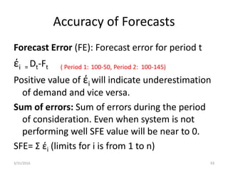 Accuracy of Forecasts
Forecast Error (FE): Forecast error for period t
έi = Dt-Ft ( Period 1: 100-50, Period 2: 100-145)
Positive value of έi will indicate underestimation
of demand and vice versa.
Sum of errors: Sum of errors during the period
of consideration. Even when system is not
performing well SFE value will be near to 0.
SFE= Σ έi (limits for i is from 1 to n)
3/31/2016 93
 