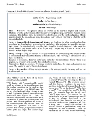 Networks: Vol. 12, Issue 1 Spring 2010
Roof & Kreutter 3
Figure 1. A Sample TPRS Lesson (format was adapted from Ray & Seely (1998).
canta fuerte – he/she sings loudly
baila – he/she dances
está enojada(a) – he/she is angry
se ríen – they laugh
Step 1 – Gesture – The phrases above are written on the board in English and Spanish.
Students invent a gesture to coincide with each word or phrase (e.g., for “baila,” students mime
dancing). The students mime the actions when the teacher says the words in Spanish. This is
practiced until the students can mime the actions easily without referring to what the words
mean in English.
Step 2 – Personalized Questions and Answers – Students are asked questions based on
the above words to begin to personalize the vocabulary. The questions are asked in Spanish:
Who sings? Do you sing loudly or softly? Who sings like Hannah Montana? Who sings like
Elvis? Do you sing romantically? What do you sing? Do you sing at home, in the car, or at
school? Where do you sing?
Step 3 – Story – Using the answers to the question from the previous step, the teacher creates
a personalized story about the students in the classroom. The following is a framework for a
basic short story.
Federico es estudiante. Federico canta fuerte en la clase de matemáticas. Canta y baila en el
pupitre. La profesora está enojada. Los estudiantes se ríen.
Translation: Fred is a student. Fred sings loudly in math class. He sings and dances on the
desk. The teacher is angry. The students laugh.
Step 4 – Dramatize – Using students as actors, the instructor retells the story and has the
students act it out.
called “TPRS,” was the basis of my lesson
plans (Ray & Seely, 1998).
TPRS begins with “comprehensible input,”
which are phrases in the target language that
the teacher translates for the students into
their native tongue. In a TPRS lesson, the
teacher often begins with four phrases written
in both English and Spanish on the classroom
whiteboard (see Figure 1). First, the
instructor displays the phrases on the board
and teaches a gesture to go along with each
phrase. The students perform the action as
the teacher says the new phrases. Next, the
teacher asks questions that refer to the
phrases. For example, if a phrase is “El chico
canta,” (“the boy sings”) the teacher might
ask, “Canta el chico como Elvis o Hannah
Montana?” (“Does the boy sing like Elvis or
Hannah Montana?”). The students answer
and the teacher continues to ask more
questions in the target language based on the
phrase (e.g., “Do you like to sing?” “Who likes
to sing?” “How does the boy sing?”). In this
way, the students hear the target word
(“sing”) many times. The answers that the
students give to the various questions, as well
as the key phrases introduced at the
beginning of class, form the structure of the
story that the instructor proceeds to tell (Ray
& Seely, 1998). Through this method, the
teacher creates a personalized story that
integrates the new vocabulary. Then the
students act out the story, further reinforcing
 