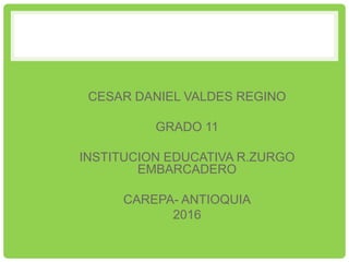 CESAR DANIEL VALDES REGINO
GRADO 11
INSTITUCION EDUCATIVA R.ZURGO
EMBARCADERO
CAREPA- ANTIOQUIA
2016
 