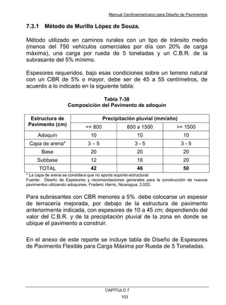 Manual Centroamericano para Diseño de Pavimentos
CAPÌTULO 7
103
7.3.1 Método de Murillo López de Souza.
Método utilizado en caminos rurales con un tipo de tránsito medio
(menos del 750 vehículos comerciales por día con 20% de carga
máxima), una carga por rueda de 5 toneladas y un C.B.R. de la
subrasante del 5% mínimo.
Espesores requeridos, bajo esas condiciones sobre un terreno natural
con un CBR de 5% o mayor, debe ser de 45 a 55 centímetros, de
acuerdo a lo indicado en la siguiente tabla:
Tabla 7-38
Composición del Pavimento de adoquín
Precipitación pluvial (mm/año)
Estructura de
Pavimento (cm) =< 800 800 a 1500 >= 1500
Adoquín 10 10 10
Capa de arena* 3 – 5 3 - 5 3 - 5
Base 20 20 20
Subbase 12 16 20
TOTAL 42 46 50
* La capa de arena se considera que no aporta soporte estructural.
Fuente: Diseño de Espesores y recomendaciones generales para la construcción de nuevos
pavimentos utilizando adoquines, Frederic Harris, Nicaragua, 2,002.
Para subrasantes con CBR menores a 5% debe colocarse un espesor
de terracería mejorada, por debajo de la estructura de pavimento
anteriormente indicada, con espesores de 10 a 45 cm; dependiendo del
valor del C.B.R. y de la precipitación pluvial de la zona en donde se
ubique el pavimento a construir.
En el anexo de este reporte se incluye tabla de Diseño de Espesores
de Pavimento Flexible para Carga Máxima por Rueda de 5 Toneladas.
 