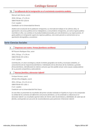 Catálogo General
72 La influencia de la inmigración en el crecimiento económico andaluz
2010; 242 pp.; 17 x 24 cm
ISBN 978-84-472-1253-8
P.V.P. 16,00 €
Coeditado con la Universidad de Almería
Análisis de la evolución de la población inmigrante y su mercado de trabajo en los últimos años, la
aportación a las arcas públicas de los trabajadores y consumidores inmigrantes, así como el gasto público
invertido en ellos. Los cambios en la productividad provocados por este fenómeno y sus repercusiones. El
gasto público en inmigración supera los ingresos públicos, esta visión parcial se contrarresta con su
aportación demográfica y económica
Manuel Jaén García, coord.
Serie Ciencias Sociales
1 Empresas con rostro. Firmas familiares sevillanas
2011; 210 pp.; 17 x 24 cm
ISBN 978-84-472-1278-1
P.V.P. 15,00 €
Contribución, en clave sociológica y desde el ámbito geográfico de Sevilla y municipios aledaños, al
conocimiento de las trayectorias familiares e individuales de los directivos de las medianas y grandes
firmas familiares, identificando los indicios comunes que han podido actuar como causas coadyuvadoras
de su posición competitiva y sobresaliente.
Mª Rosario Rodríguez Díaz, autor
2 Nuevas familias y bienestar infantil
2011; 232 pp.; 15 x 21 cm cm
ISBN 978-84-472-1281-1
P.V.P. 14,00 €
Coedición con la Universidad del País Vasco
En este libro se presentan los resultados del primer estudio realizado en España en el que se ha comparado
la calidad de los contextos de diferentes estructuras familiares y se ha analizado su influencia en el
bienestar infantil. Los resultados aportan datos de interés sobre las fortalezas y debilidades de cada tipo de
familia, concluyendo con una serie de recomendaciones para potenciar el bienestar infantil.
Enrique Arranaz, coord.
Alfredo Oliva Delgado, coord.
miércoles, 30 de octubre de 2013 Página 109 de 187
 