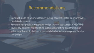 Recommendations
• Conduct audit of your customer-facing content; Refresh or archive
outdated content
• Revise or un-publis...