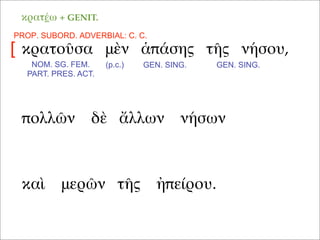 κρατοῦσα μὲν ἁπάσης τῆς νήσου,
καὶ μερῶν τῆς ἠπείρου.
πολλῶν δὲ ἄλλων νήσων
NOM. SG. FEM.
PART. PRES. ACT.
(p.c.)
κρατέω + GENIT.
GEN. SING. GEN. SING.
PROP. SUBORD. ADVERBIAL: C. C.
[
 