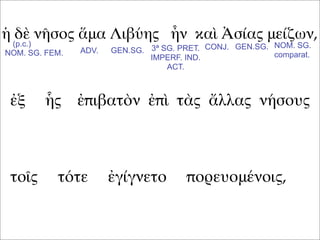 ἡ δὲ νῆσος ἅμα Λιβύης ἦν καὶ Ἀσίας μείζων,
ἐξ ἧς ἐπιβατὸν ἐπὶ τὰς ἄλλας νήσους
τοῖς τότε ἐγίγνετο πορευομένοις,
(p.c.)
NOM. SG. FEM. ADV. GEN.SG. GEN.SG.CONJ.3ª SG. PRET.
IMPERF. IND.
ACT.
NOM. SG.
comparat.
 