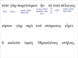 τότε γὰρ πορεύσιμον ἦν τὸ ἐκεῖ πέλαγος·
νῆσον γὰρ πρὸ τοῦ στόματος εἶχεν
ὃ καλεῖτε ὑμεῖς Ἡρακλέους στήλας,
ADV. CONJ.
NOM. SING.
NEUTRO
3ª SG. PRET.
IMPERF. IND.
ACT.
ADV.
NOM. SING.
NEUTRO
N.
S.
N.
 