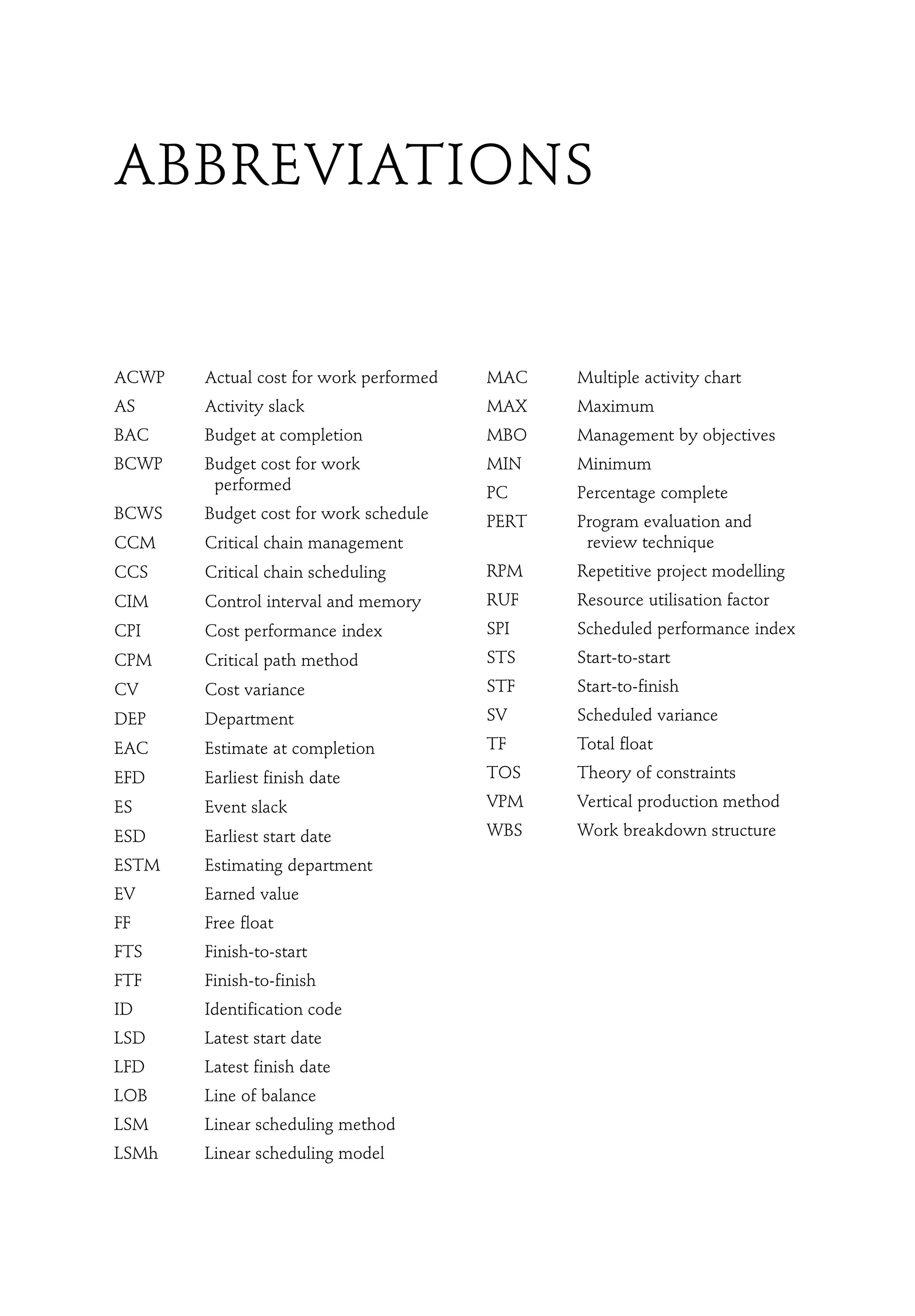ACWP Actual cost for work performed
AS Activity slack
BAC Budget at completion
BCWP Budget cost for work
performed
BCWS Budget cost for work schedule
CCM Critical chain management
CCS Critical chain scheduling
CIM Control interval and memory
CPI Cost performance index
CPM Critical path method
CV Cost variance
DEP Department
EAC Estimate at completion
EFD Earliest finish date
ES Event slack
ESD Earliest start date
ESTM Estimating department
EV Earned value
FF Free float
FTS Finish-to-start
FTF Finish-to-finish
ID Identification code
LSD Latest start date
LFD Latest finish date
LOB Line of balance
LSM Linear scheduling method
LSMh Linear scheduling model
MAC Multiple activity chart
MAX Maximum
MBO Management by objectives
MIN Minimum
PC Percentage complete
PERT Program evaluation and
review technique
RPM Repetitive project modelling
RUF Resource utilisation factor
SPI Scheduled performance index
STS Start-to-start
STF Start-to-finish
SV Scheduled variance
TF Total float
TOS Theory of constraints
VPM Vertical production method
WBS Work breakdown structure
ABBREVIATIONS
 