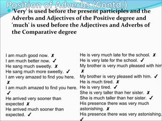 'Very' is used before the present participles and the
Adverbs and Adjectives of the Positive degree and
'much' is used before the Adjectives and Adverbs of
the Comparative degree
I am much good now. ✘
I am much better now. ✔
He sang much sweetly. ✘
He sang much more sweetly. ✔
I am very amazed to find you here.
✘
I am much amazed to find you here.
✔
He arrived very sooner than
expected ✘
He arrived much sooner than
expected. ✔
He is very much late for the school. ✘
He is very late for the school. ✔
My brother is very much pleased with him
✘
My brother is very pleased with him. ✔
He is much tired. ✘
He is very tired. ✔
She is very taller than her sister. ✘
She is much taller than her sister. ✔
His presence there was very much
astonishing. ✘
His presence there was very astonishing.
✔
 