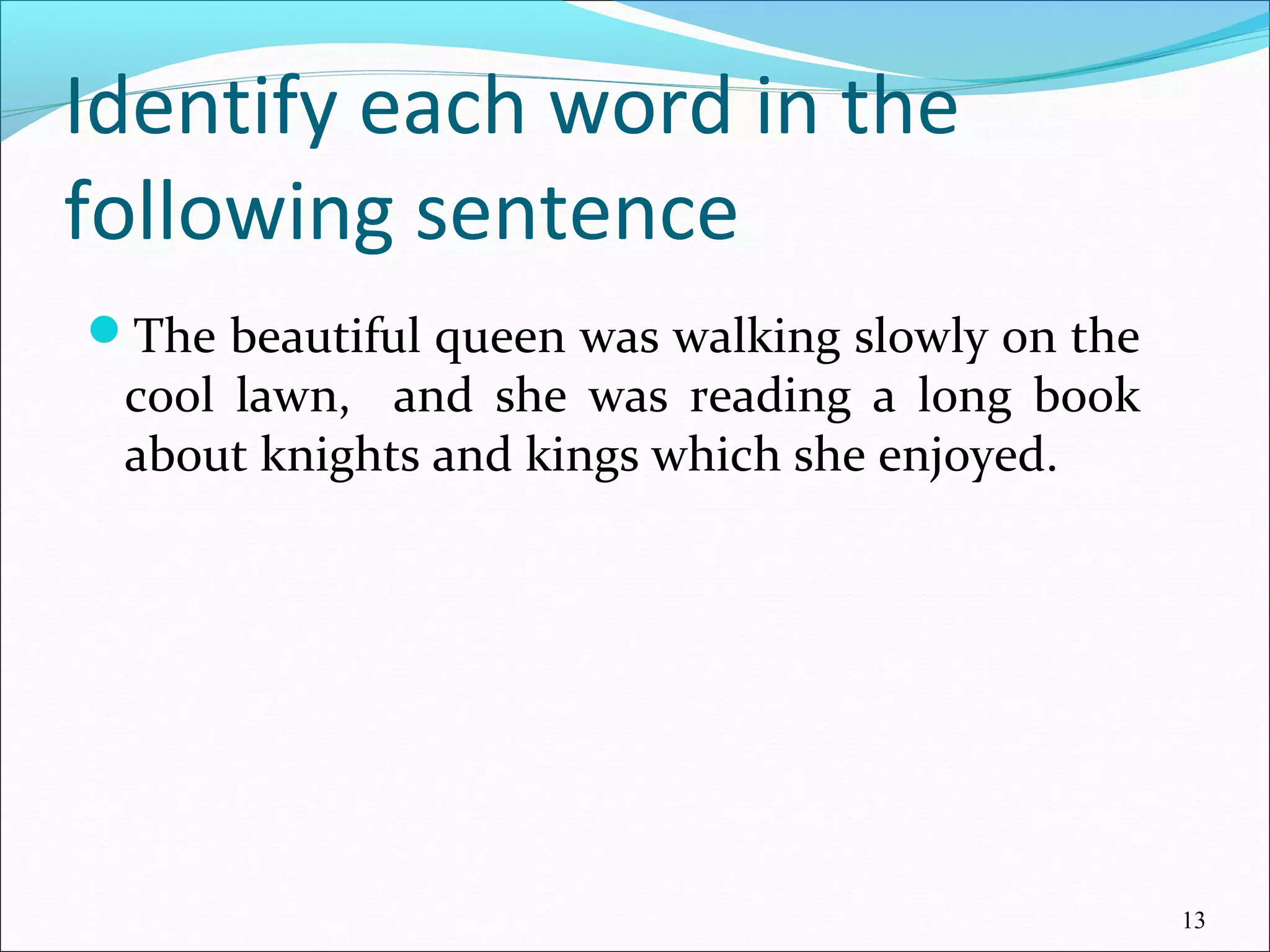 Identify each word in the
following sentence
The beautiful queen was walking slowly on the
cool lawn, and she was reading a long book
about knights and kings which she enjoyed.
13
 