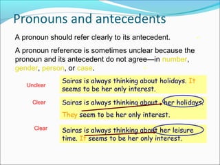 A pronoun should refer clearly to its antecedent.
A pronoun reference is sometimes unclear because the
pronoun and its antecedent do not agree—in number,
gender, person, or case.
Sairas is always thinking about holidays. It
seems to be her only interest.
Sairas is always thinking about her holidays.
They seem to be her only interest.
Sairas is always thinking about her leisure
time. It seems to be her only interest.
Unclear
Clear
Clear
Pronouns and antecedents
 