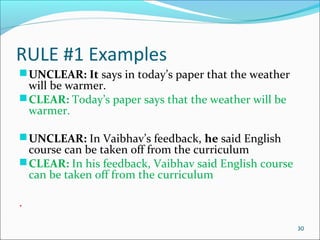 RULE #1 Examples
UNCLEAR: It says in today’s paper that the weather
will be warmer.
CLEAR: Today’s paper says that the weather will be
warmer.
UNCLEAR: In Vaibhav’s feedback, he said English
course can be taken off from the curriculum
CLEAR: In his feedback, Vaibhav said English course
can be taken off from the curriculum
.
30
 