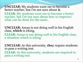UNCLEAR: My students want me to become a
better teacher, but I’m not sure about it.
CLEAR: My students want me to become a better
teacher, but I’m not sure about how to improve/
what can be done for the same.
UNCLEAR: Aman is not doing well in his English
class, which is irking.
CLEAR: Aman is not doing well in his English class,
a situation which is irking.
UNCLEAR: At this university, they require students
to pass a writing test.
CLEAR: At this university, students are required to
pass a writing test.
31
 