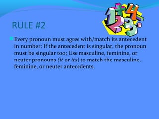 RULE #2
Every pronoun must agree with/match its antecedent
in number: If the antecedent is singular, the pronoun
must be singular too; Use masculine, feminine, or
neuter pronouns (it or its) to match the masculine,
feminine, or neuter antecedents.
 