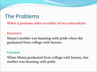 The Problems
When a pronoun refers to either of two antecedents
Incorrect:
Mansi’s mother was beaming with pride when she
graduated from college with honors.
Correct:
When Mansi graduated from college with honors, her
mother was beaming with pride.
 