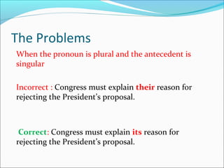 The Problems
When the pronoun is plural and the antecedent is
singular
Incorrect : Congress must explain their reason for
rejecting the President’s proposal.
Correct: Congress must explain its reason for
rejecting the President’s proposal.
 