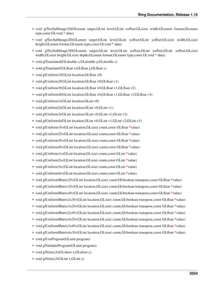 Ring Documentation, Release 1.10
• void glTexSubImage1D(GLenum target,GLint level,GLint xoffset,GLsizei width,GLenum format,GLenum
type,const GLvoid * data)
• void glTexSubImage2D(GLenum target,GLint level,GLint xoffset,GLint yoffset,GLsizei width,GLsizei
height,GLenum format,GLenum type,const GLvoid * data)
• void glTexSubImage3D(GLenum target,GLint level,GLint xoffset,GLint yoffset,GLint zoffset,GLsizei
width,GLsizei height,GLsizei depth,GLenum format,GLenum type,const GLvoid * data)
• void glTranslated(GLdouble x,GLdouble y,GLdouble z)
• void glTranslatef(GLﬂoat x,GLﬂoat y,GLﬂoat z)
• void glUniform1f(GLint location,GLﬂoat v0)
• void glUniform2f(GLint location,GLﬂoat v0,GLﬂoat v1)
• void glUniform3f(GLint location,GLﬂoat v0,GLﬂoat v1,GLﬂoat v2)
• void glUniform4f(GLint location,GLﬂoat v0,GLﬂoat v1,GLﬂoat v2,GLﬂoat v3)
• void glUniform1i(GLint location,GLint v0)
• void glUniform2i(GLint location,GLint v0,GLint v1)
• void glUniform3i(GLint location,GLint v0,GLint v1,GLint v2)
• void glUniform4i(GLint location,GLint v0,GLint v1,GLint v2,GLint v3)
• void glUniform1fv(GLint location,GLsizei count,const GLﬂoat *value)
• void glUniform2fv(GLint location,GLsizei count,const GLﬂoat *value)
• void glUniform3fv(GLint location,GLsizei count,const GLﬂoat *value)
• void glUniform4fv(GLint location,GLsizei count,const GLﬂoat *value)
• void glUniform1iv(GLint location,GLsizei count,const GLint *value)
• void glUniform2iv(GLint location,GLsizei count,const GLint *value)
• void glUniform3iv(GLint location,GLsizei count,const GLint *value)
• void glUniform4iv(GLint location,GLsizei count,const GLint *value)
• void glUniformMatrix2fv(GLint location,GLsizei count,GLboolean transpose,const GLﬂoat *value)
• void glUniformMatrix3fv(GLint location,GLsizei count,GLboolean transpose,const GLﬂoat *value)
• void glUniformMatrix4fv(GLint location,GLsizei count,GLboolean transpose,const GLﬂoat *value)
• void glUniformMatrix2x3fv(GLint location,GLsizei count,GLboolean transpose,const GLﬂoat *value)
• void glUniformMatrix3x2fv(GLint location,GLsizei count,GLboolean transpose,const GLﬂoat *value)
• void glUniformMatrix2x4fv(GLint location,GLsizei count,GLboolean transpose,const GLﬂoat *value)
• void glUniformMatrix4x2fv(GLint location,GLsizei count,GLboolean transpose,const GLﬂoat *value)
• void glUniformMatrix3x4fv(GLint location,GLsizei count,GLboolean transpose,const GLﬂoat *value)
• void glUniformMatrix4x3fv(GLint location,GLsizei count,GLboolean transpose,const GLﬂoat *value)
• void glUseProgram(GLuint program)
• void glValidateProgram(GLuint program)
• void glVertex2s(GLshort x,GLshort y)
• void glVertex2i(GLint x,GLint y)
2034
 