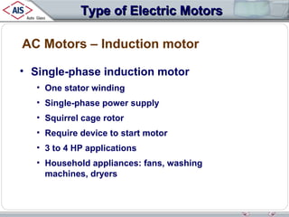 Type of Electric Motors
AC Motors – Induction motor
• Single-phase induction motor
• One stator winding
• Single-phase power supply
• Squirrel cage rotor
• Require device to start motor
• 3 to 4 HP applications
• Household appliances: fans, washing
machines, dryers

 