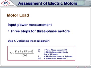Assessment of Electric Motors
Motor Load
Input power measurement
• Three steps for three-phase motors
Step 1. Determine the input power:

Pi =

V x I x PF x 3
1000

Pi
V
I
PF

= Three Phase power in kW
= RMS Voltage, mean line to
line of 3 Phases
= RMS Current, mean of 3 phases
= Power factor as Decimal

 