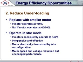 Energy Efficiency Opportunities
2. Reduce Under-loading
• Replace with smaller motor
• If motor operates at <50%
• Not if motor operates at 60-70%

• Operate in star mode
• If motors consistently operate at <40%
• Inexpensive and effective
• Motor electrically downsized by wire
reconfiguration
• Motor speed and voltage reduction but
unchanged performance

 