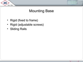 Mounting Base
• Rigid (fixed to frame)
• Rigid (adjustable screws)
• Sliding Rails

 