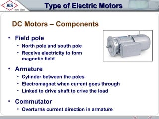 Type of Electric Motors
DC Motors – Components
• Field pole
• North pole and south pole
• Receive electricity to form
magnetic field

• Armature
• Cylinder between the poles
• Electromagnet when current goes through
• Linked to drive shaft to drive the load

• Commutator
• Overturns current direction in armature

 